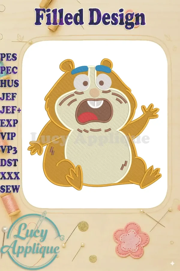 Vibrant fill embroidery of a frantic cartoon hamster, Hammy, with wide eyes and open mouth, from the 'Animal Crackers' collection.