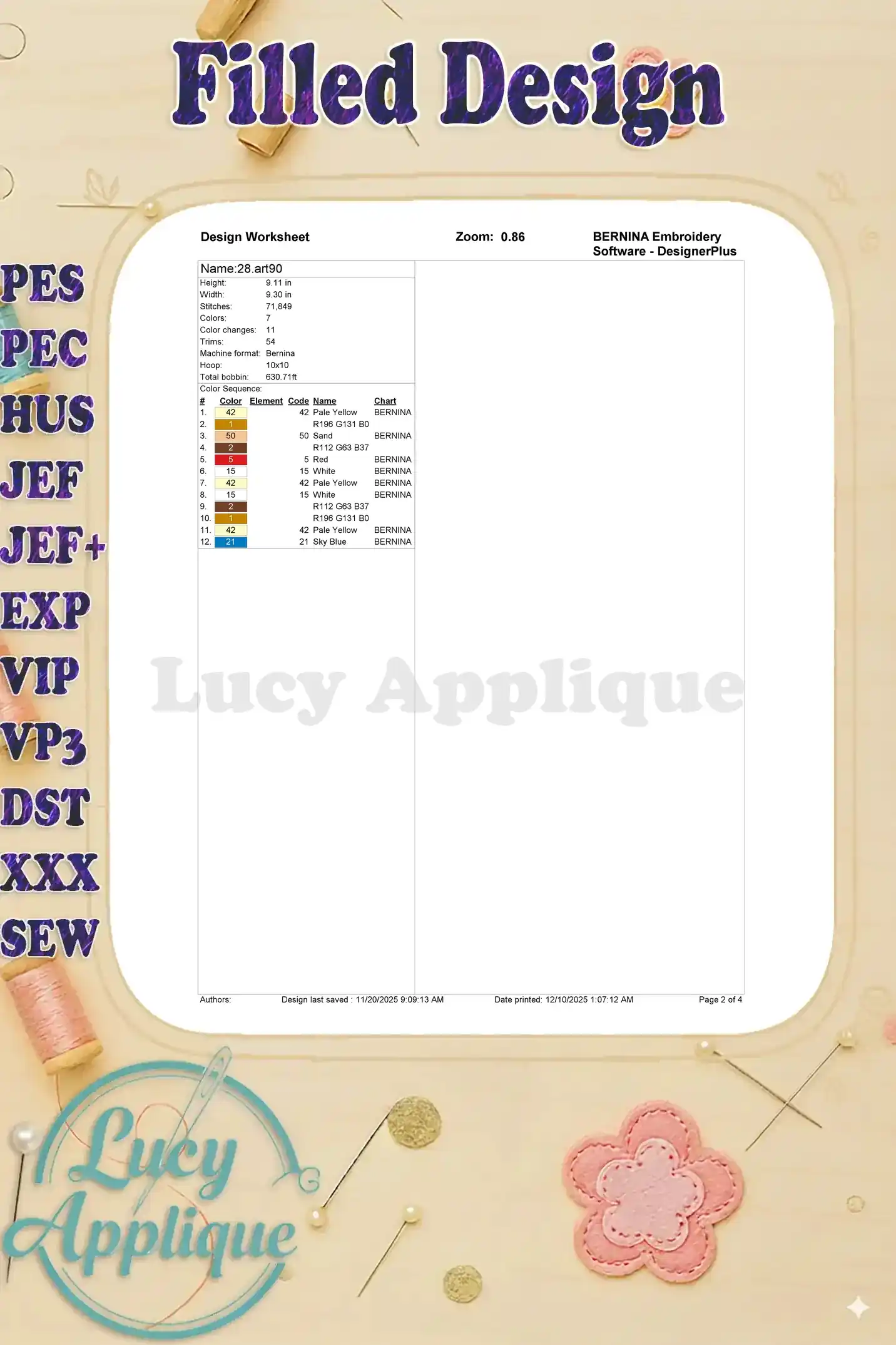 Embroidery design worksheet for Hammy, detailing dimensions, stitch count, color sequence, and machine specifications.