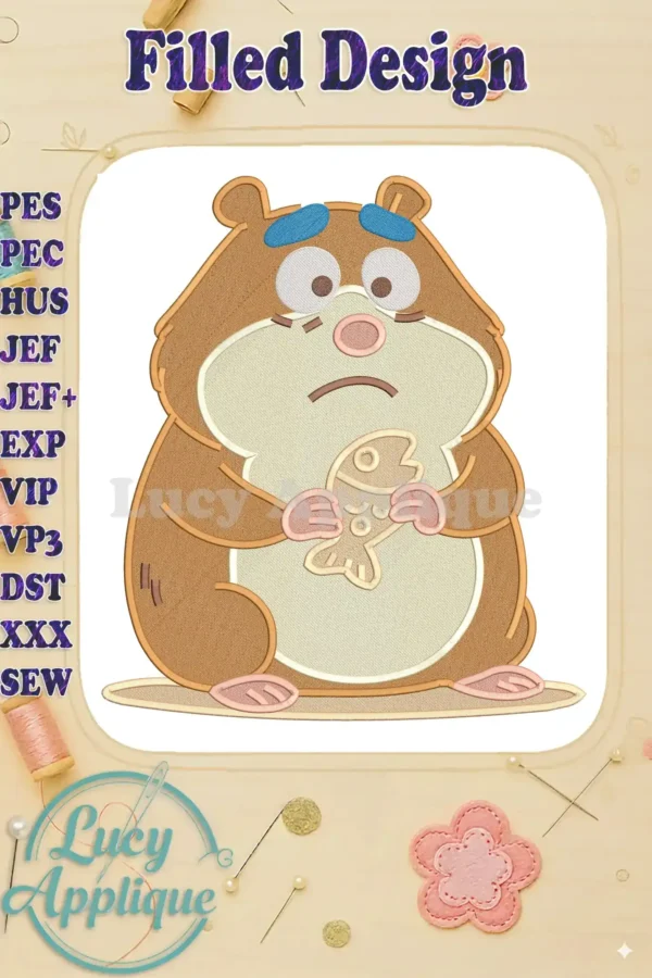 A charming fill embroidery design featuring a sad, plump brown hamster with blue eyebrows, holding a fish-shaped cracker.