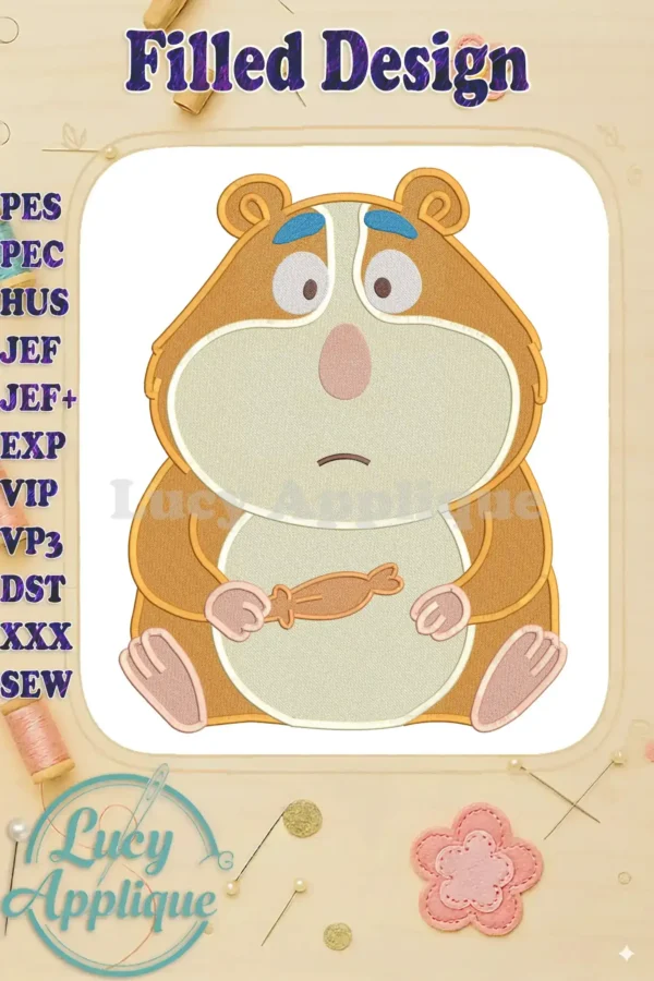 A charming fill embroidery design of a plump, light brown hamster with blue eyebrows, holding a cracker.