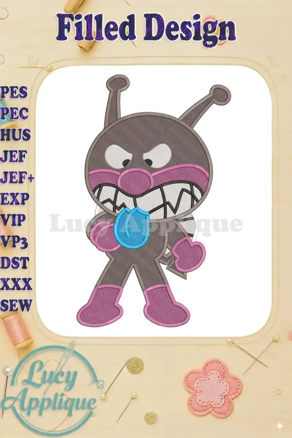 A detailed fill embroidery design of Baikinman from Anpanman Chapon's Hero, featuring his mischievous expression.