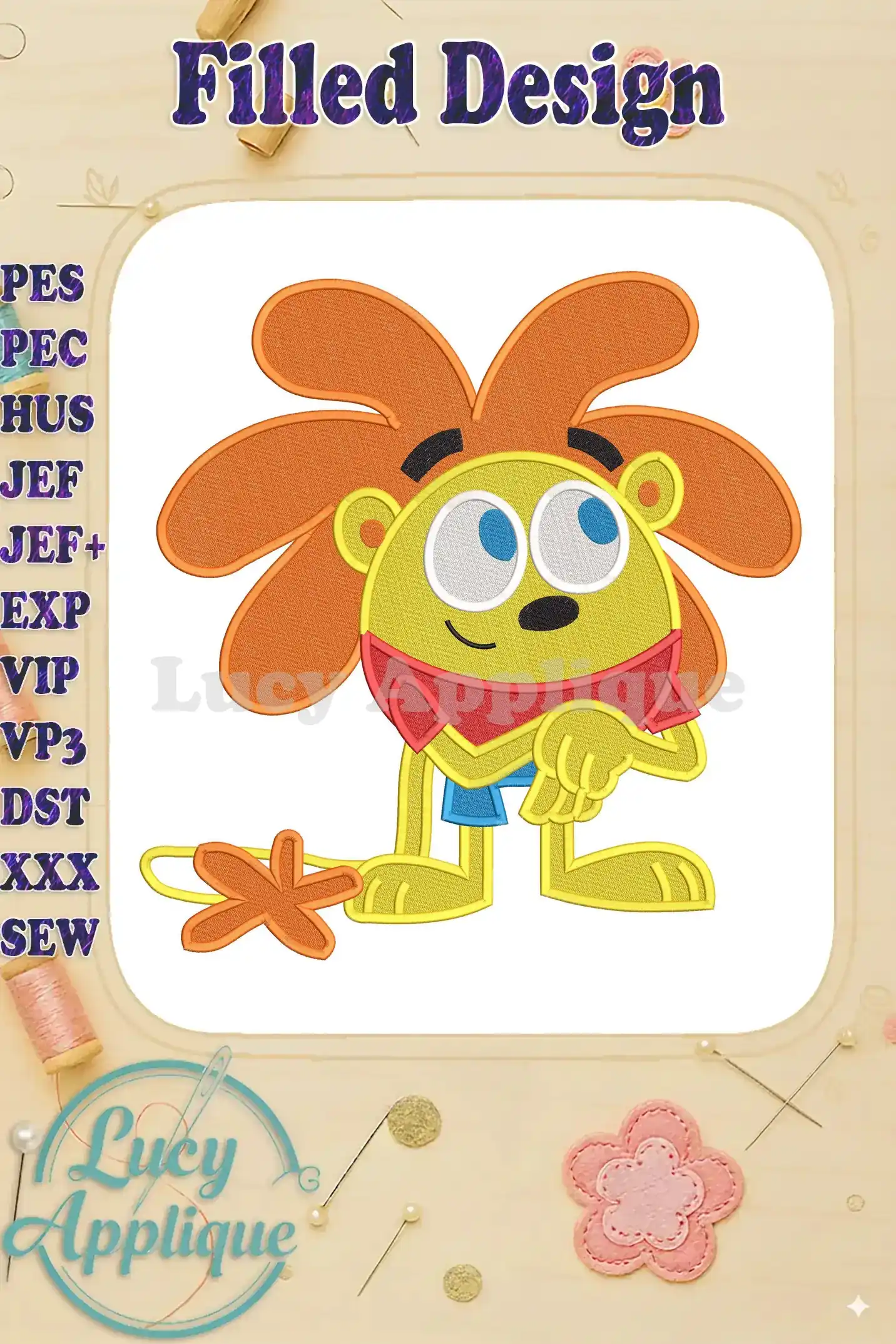 Vibrant fill embroidery of character '4' from 'A Garden Cartoon Movie The Greatest Thing Ever!', featuring bright yellow, orange, red, and blue colors.