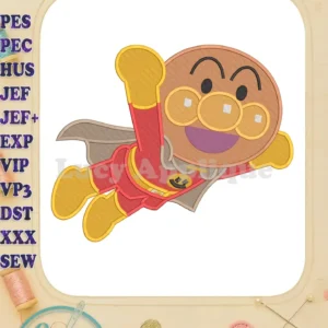 Vibrant Anpanman fill embroidery design showcasing the beloved hero in a dynamic flying pose with a joyful expression.