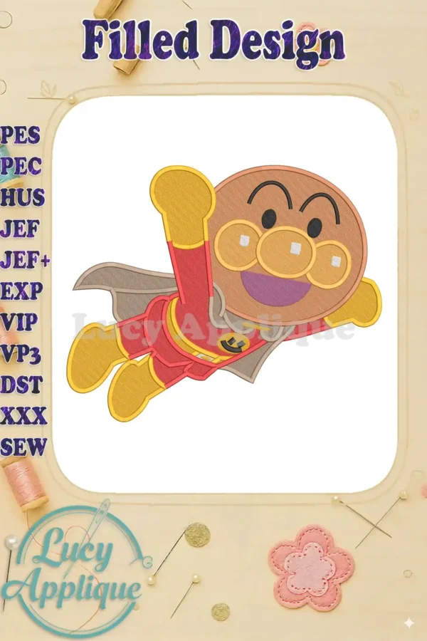 Vibrant Anpanman fill embroidery design showcasing the beloved hero in a dynamic flying pose with a joyful expression.