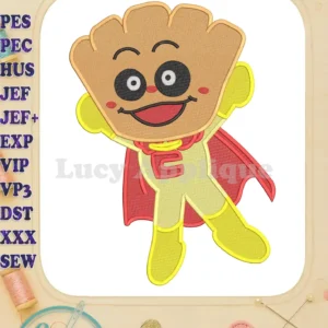 A dynamic Anpanman Chapon's Hero character, a fried cutlet-like hero in a yellow suit and red cape, joyfully flying.