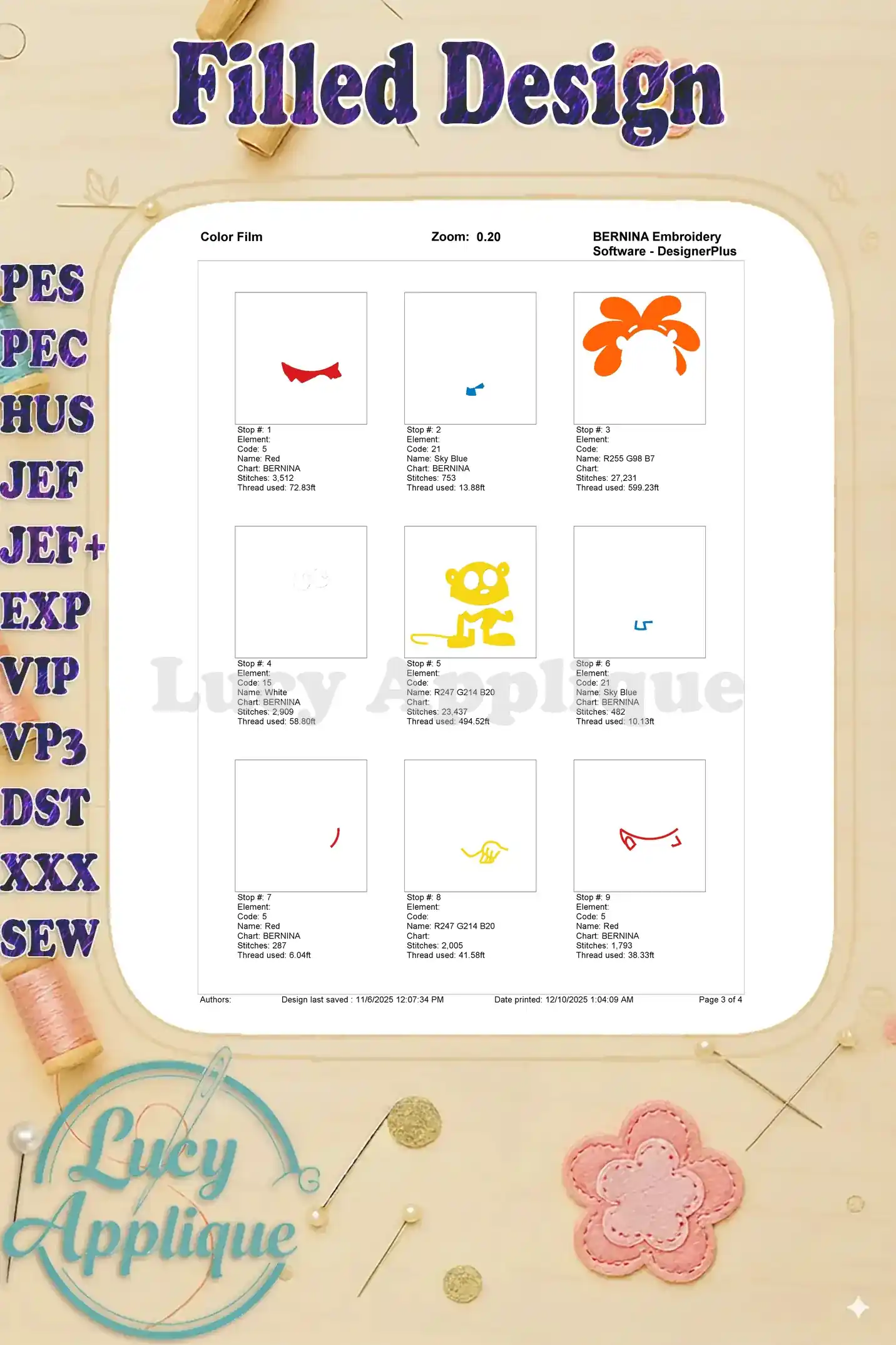 First page of the '4' embroidery color film, showing initial stitch stops for red, sky blue, orange, and white elements.