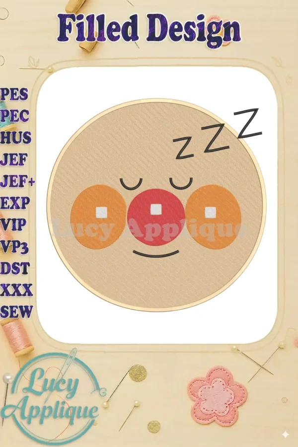 A charming fill embroidery of Anpanman Chapon's Hero sleeping peacefully, featuring a red nose and orange cheeks.