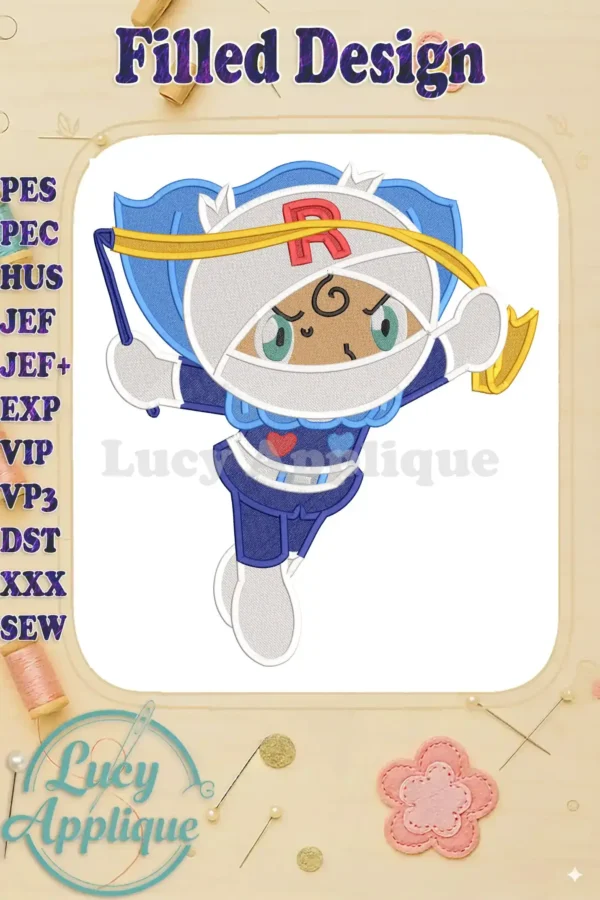 Full-color Anpanman Chapon's Hero fill embroidery design in a dynamic action pose with shield and whip.