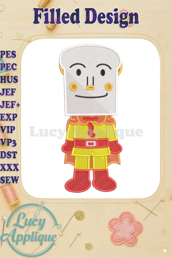 Shokupanman fill embroidery design, a beloved Anpanman character, featuring vibrant colors and bold details.