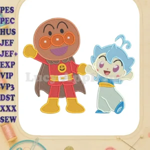 Anpanman and Chapon, the beloved heroes, standing together in a cheerful pose, showcasing vibrant fill embroidery.