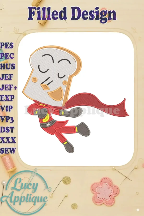 A vibrant fill embroidery of Shokupanman, the toast hero, from Anpanman Chapon's Hero collection, mid-flight.