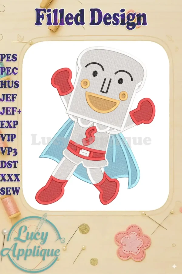 A vibrant fill embroidery design of Shokupanman, Anpanman's bread hero, in a dynamic flying pose.