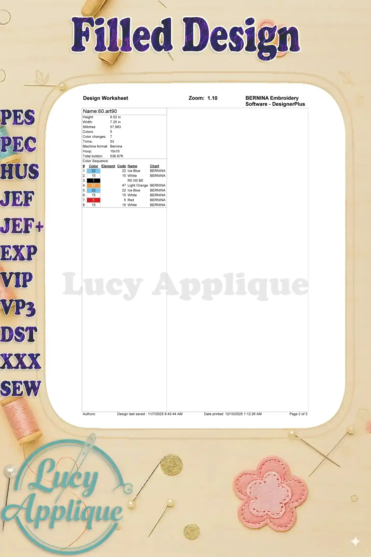 Embroidery design worksheet for Shokupanman, detailing dimensions, stitch count, and color sequence.