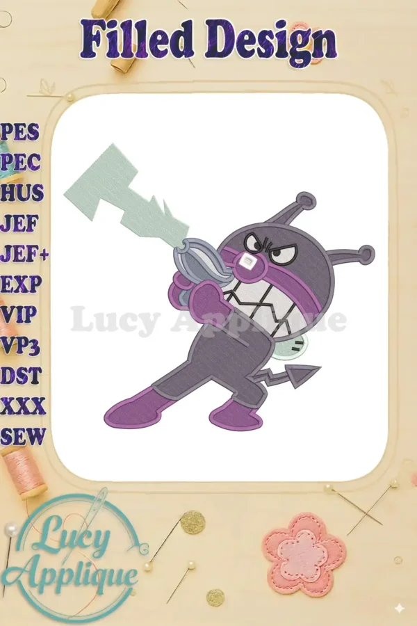 Vibrant Baikinman fill embroidery design, showcasing the Anpanman villain in a dynamic action pose with crisp details.