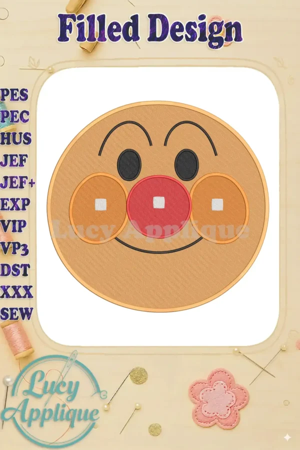 A cheerful Anpanman Chapon's Hero fill embroidery design, featuring a smiling face with vibrant colors.