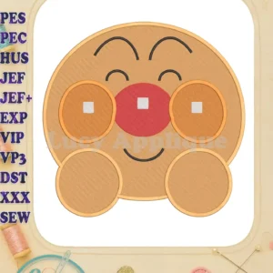 A cheerful Anpanman Chapon's Hero fill embroidery design, featuring his iconic bread face, red nose, and happy expression.