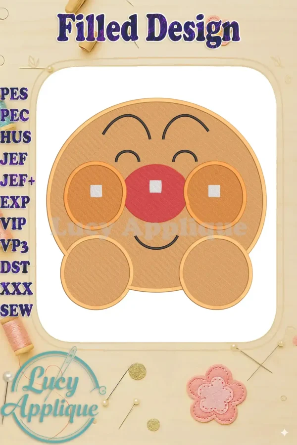 A cheerful Anpanman Chapon's Hero fill embroidery design, featuring his iconic bread face, red nose, and happy expression.