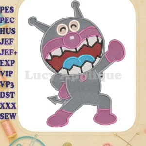 Vibrant Anpanman Chapon's Hero fill embroidery of a grey, pink, and blue character with sharp teeth and antennas.