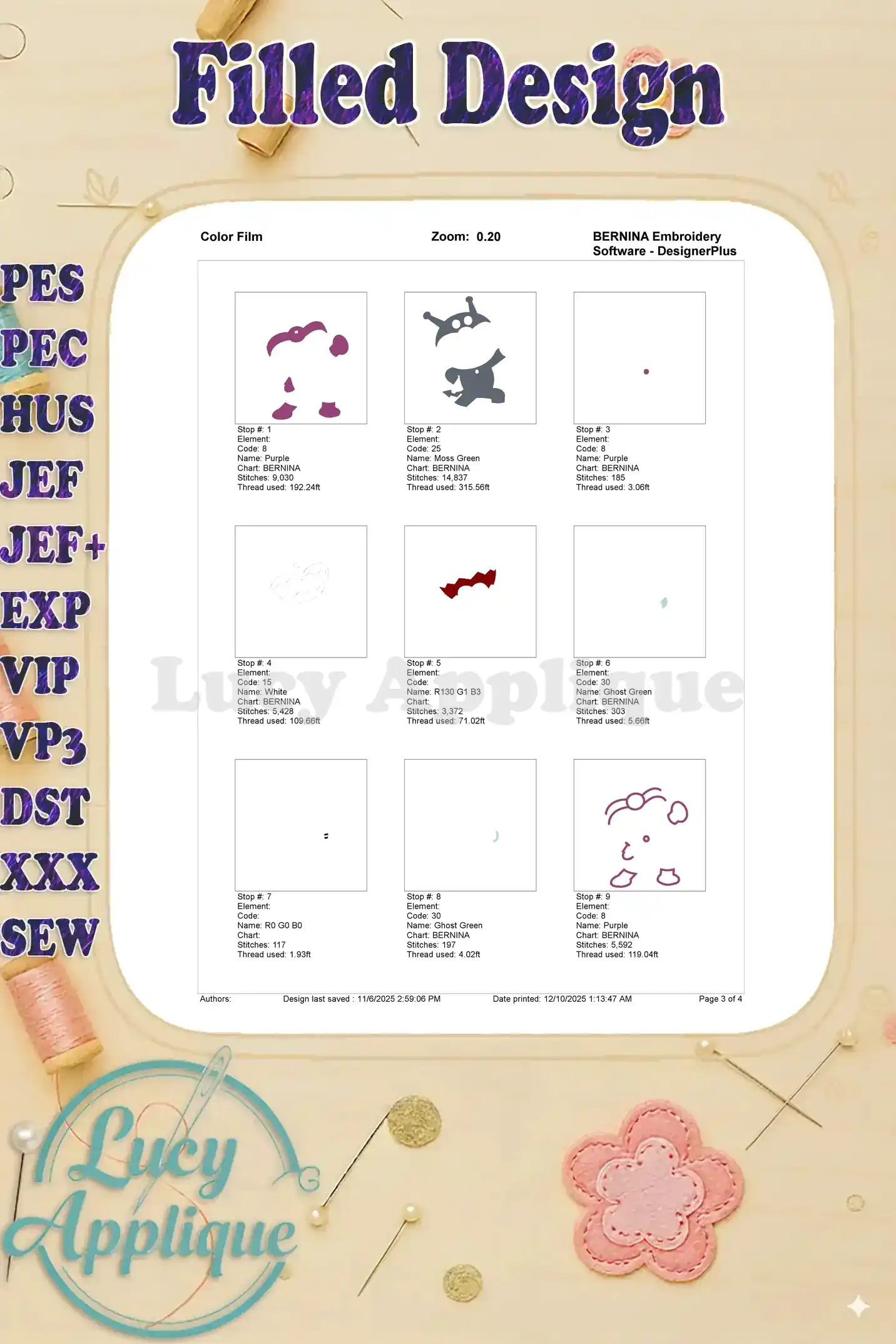 First nine color stops of the Anpanman Chapon's Hero fill embroidery, showing stitch order and thread usage.