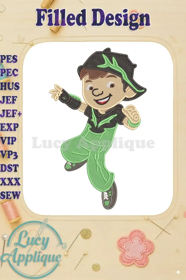 BoBoiBoy character in a dynamic pose, featuring a black and green outfit with lightning motifs, rendered in fill embroidery.