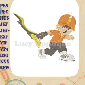 BoBoiBoy Lightning fill embroidery design, featuring the character in an action pose with his yellow lightning sword.