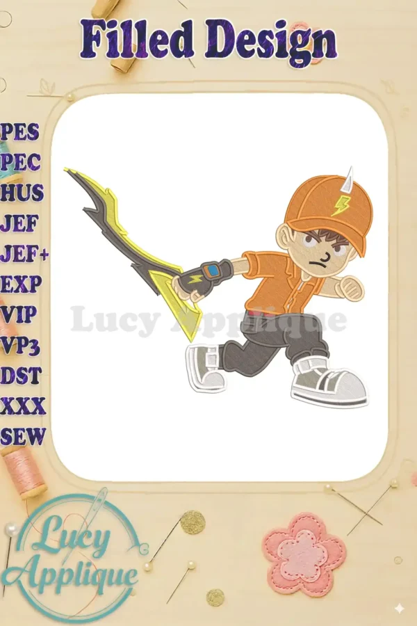 BoBoiBoy Lightning fill embroidery design, featuring the character in an action pose with his yellow lightning sword.
