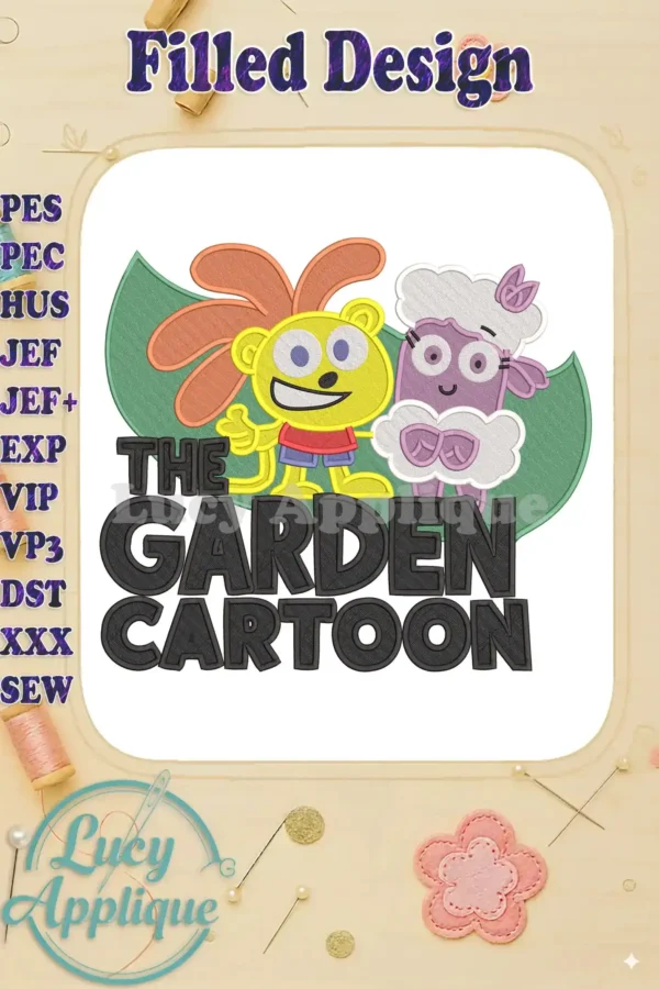 Vibrant 'Garden Cartoon' fill embroidery featuring yellow bear-like character '8' and purple cloud friend.