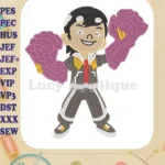Smiling BoBoiBoy character with purple power gauntlet fill embroidery designs - Instant Download