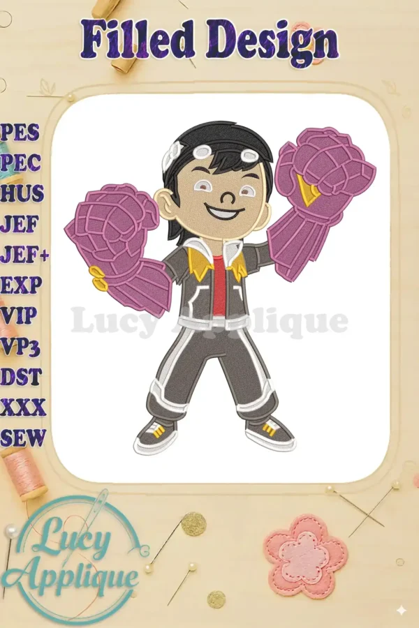 BoBoiBoy fill embroidery design showcasing the hero in an energetic pose with powerful purple gauntlets and a detailed outfit.
