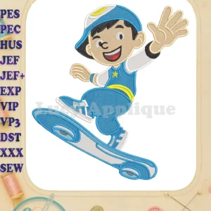 BoBoiBoy fill embroidery design featuring the character in a dynamic pose on a blue and white hoverboard.