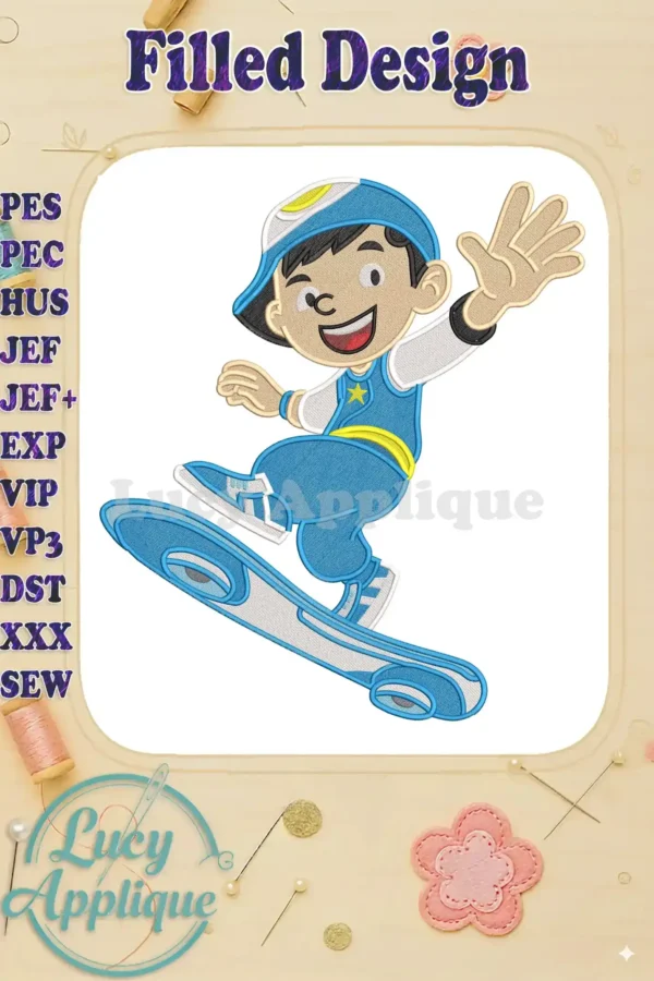 BoBoiBoy fill embroidery design featuring the character in a dynamic pose on a blue and white hoverboard.