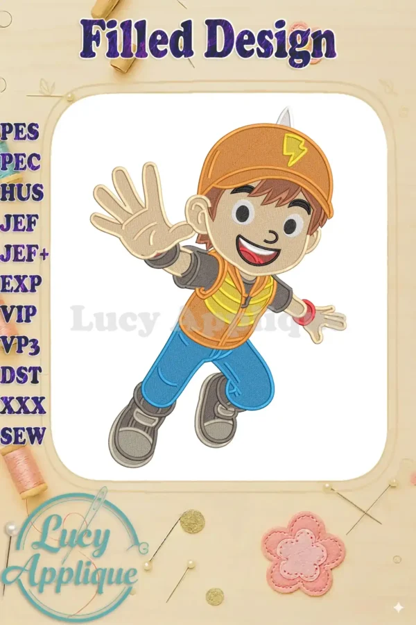 BoBoiBoy fill embroidery design in a dynamic action pose, featuring vibrant colors and detailed stitching.