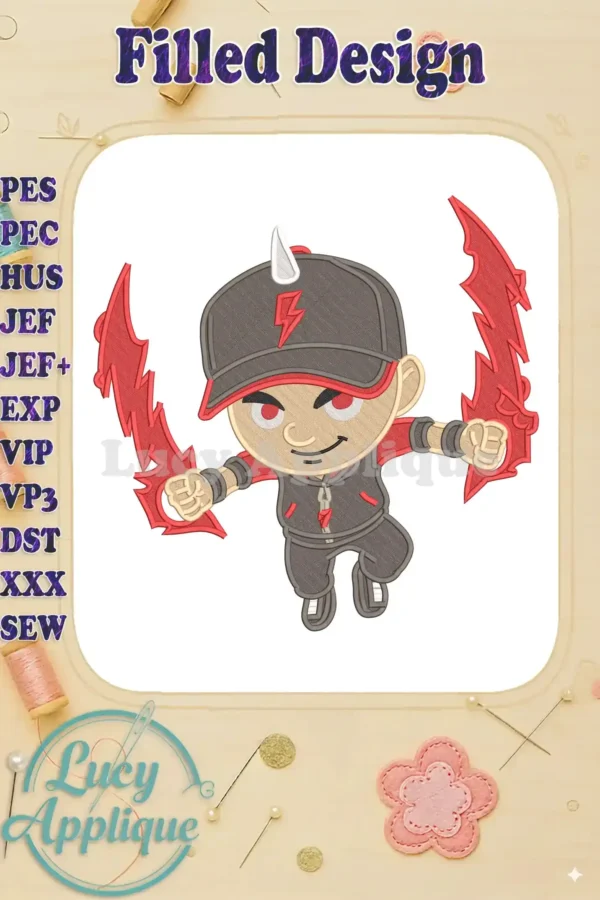 BoBoiBoy in action, holding red lightning blades. A vibrant fill embroidery design for fans of the beloved animated hero.