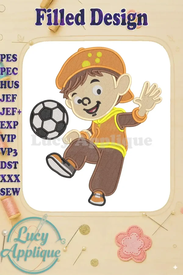 BoBoiBoy Tanah fill embroidery design, a cheerful character in an orange cap playing soccer, vibrant and detailed.