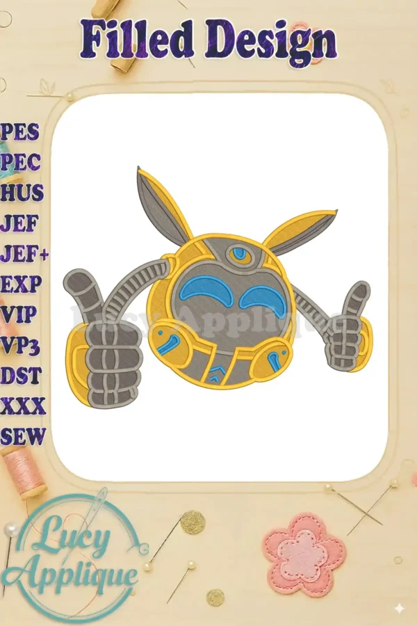 Vibrant BoBoiBoy Ochobot fill embroidery design, featuring the cheerful robot giving two thumbs up. Perfect for apparel.