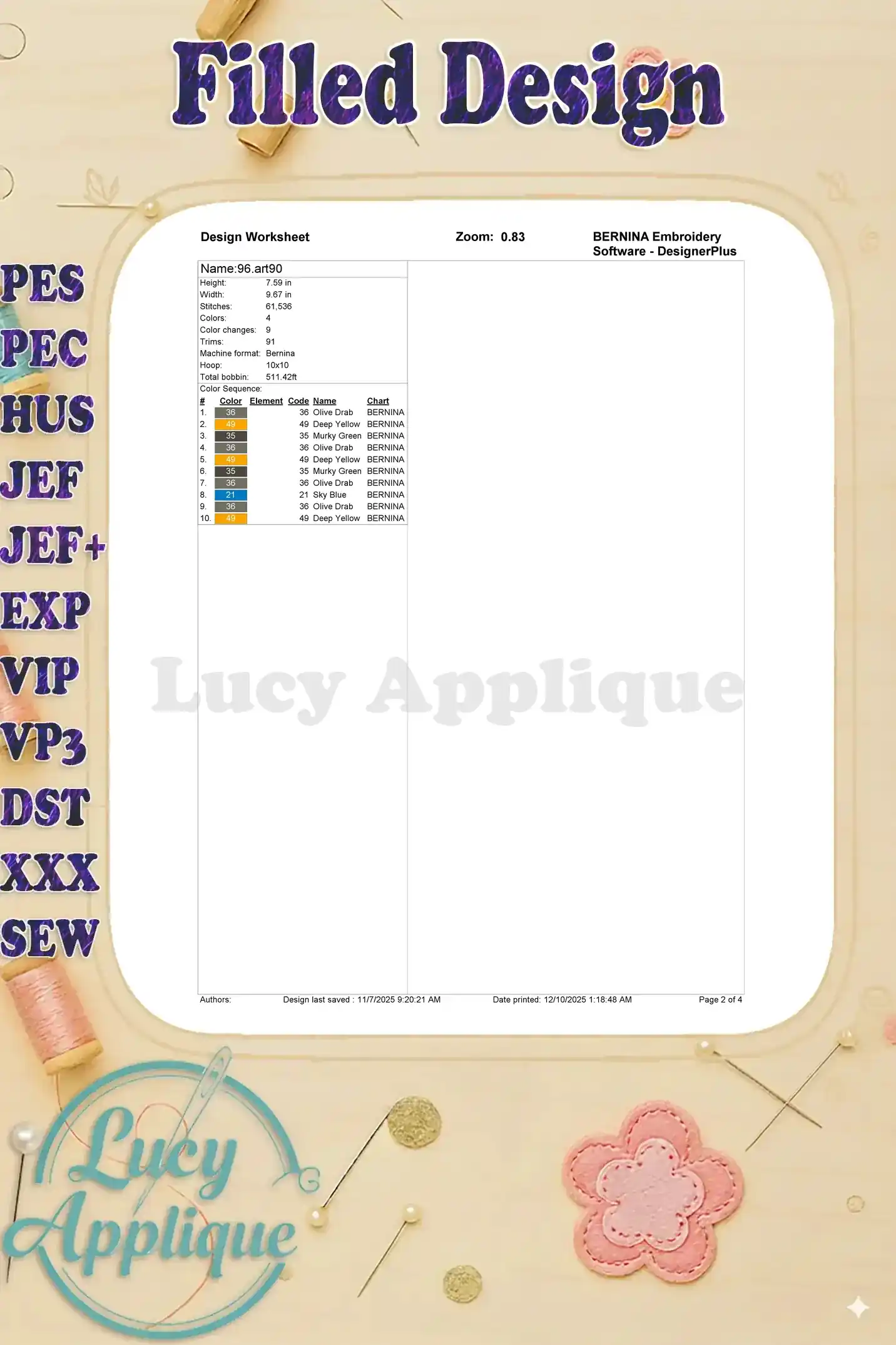 Detailed embroidery design worksheet for BoBoiBoy Ochobot, showing dimensions, stitch count, and color sequence.