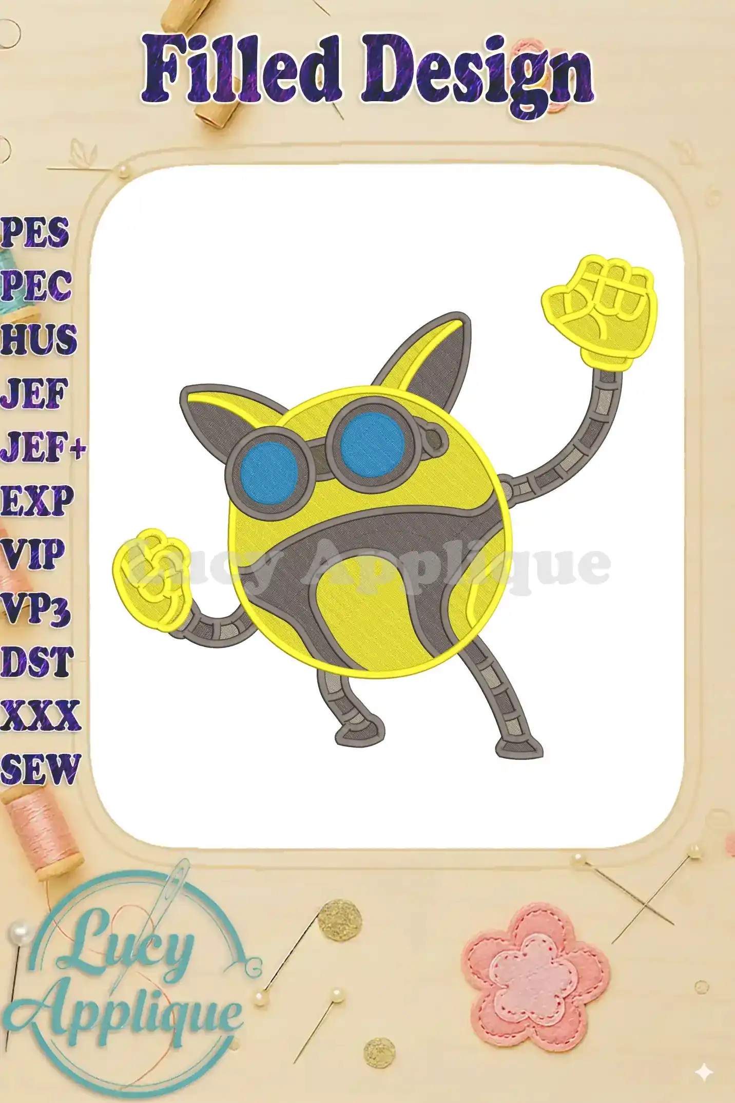 Vibrant BoBoiBoy Probe fill embroidery design, featuring the yellow robot character with blue goggles and a dynamic pose.