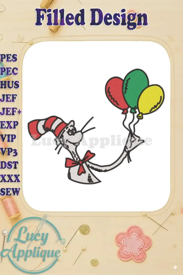 The Cat in the Hat fill embroidery design, holding red, green, and yellow balloons, on a white background.