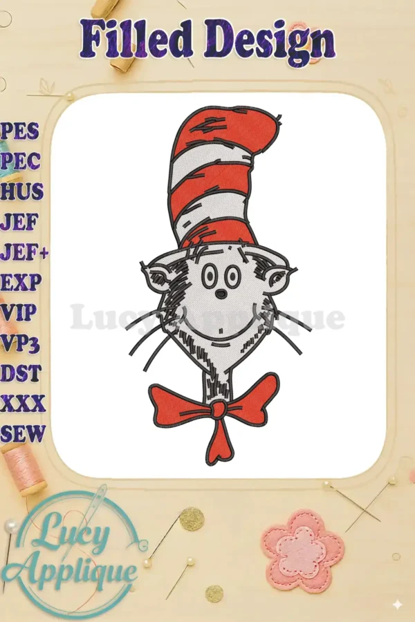 The beloved Dr. Seuss Cat in the Hat character, featuring his iconic red and white striped hat and bow tie.