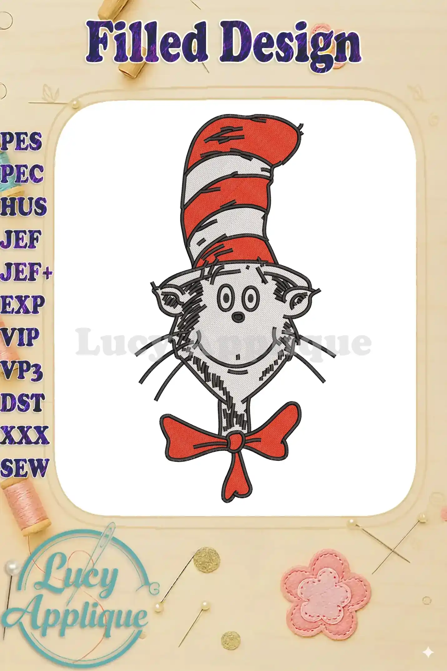 The beloved Dr. Seuss Cat in the Hat character, featuring his iconic red and white striped hat and bow tie.