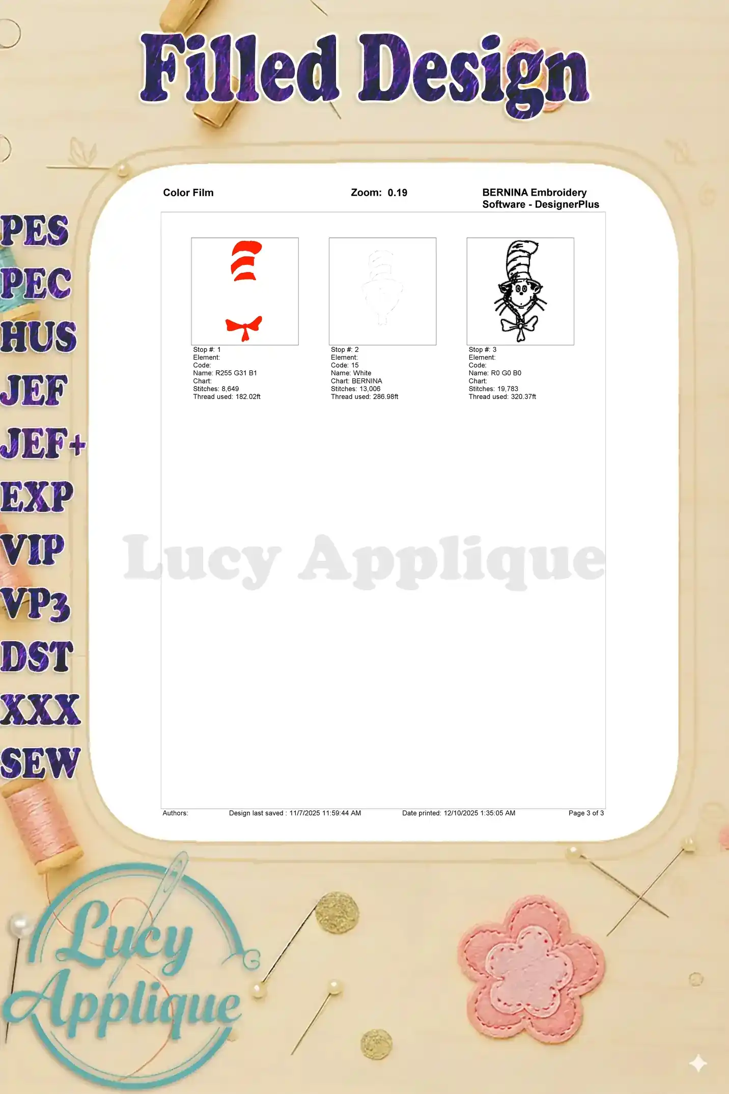 A color film breakdown of the Cat in the Hat embroidery design, illustrating the stitching sequence by color.
