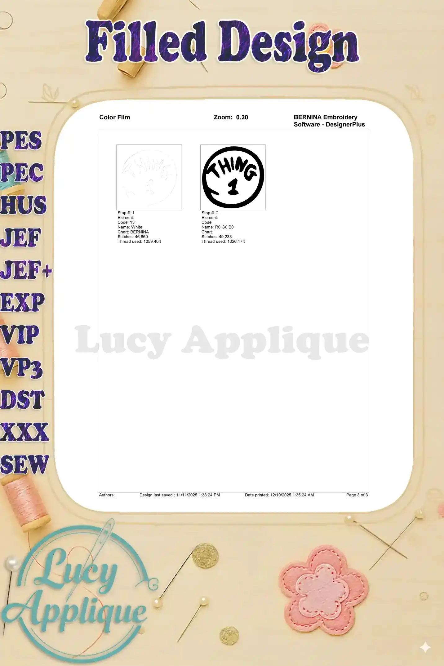 Color film breakdown for the Dr. Seuss Thing 1 embroidery, detailing each stitch stop and thread usage.