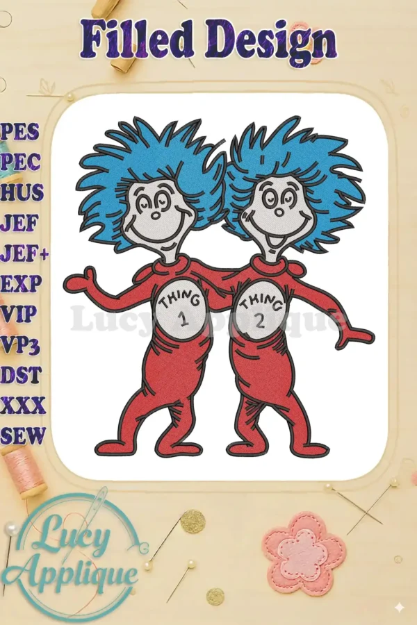 A playful Dr. Seuss Thing 1 and Thing 2 fill embroidery design, featuring their iconic red suits and blue hair.
