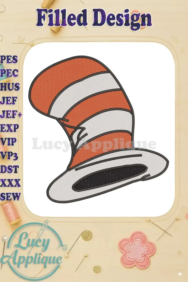A vibrant Dr. Seuss Cat in the Hat striped hat embroidery design, featuring classic red and white fill stitches.