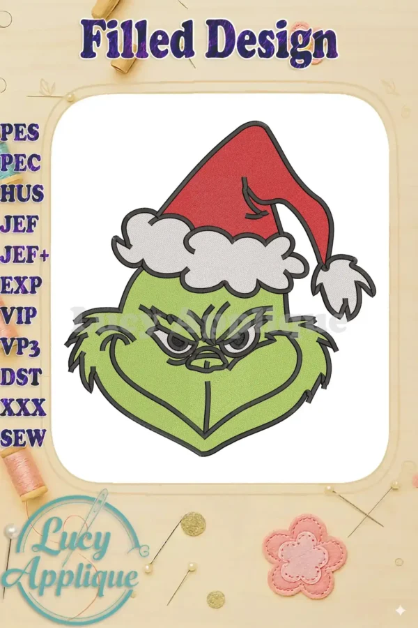 Close-up of the Grinch's head wearing a red Santa hat, featuring a detailed Dr. Seuss fill embroidery design.