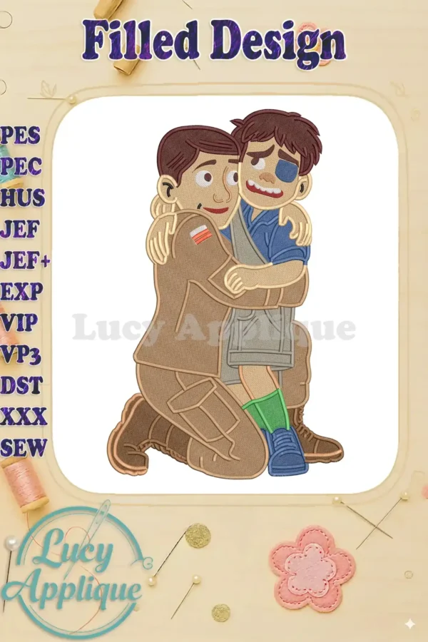 Elio fill embroidery design featuring an adult comforting a child with a black eye, showcasing detailed stitching.