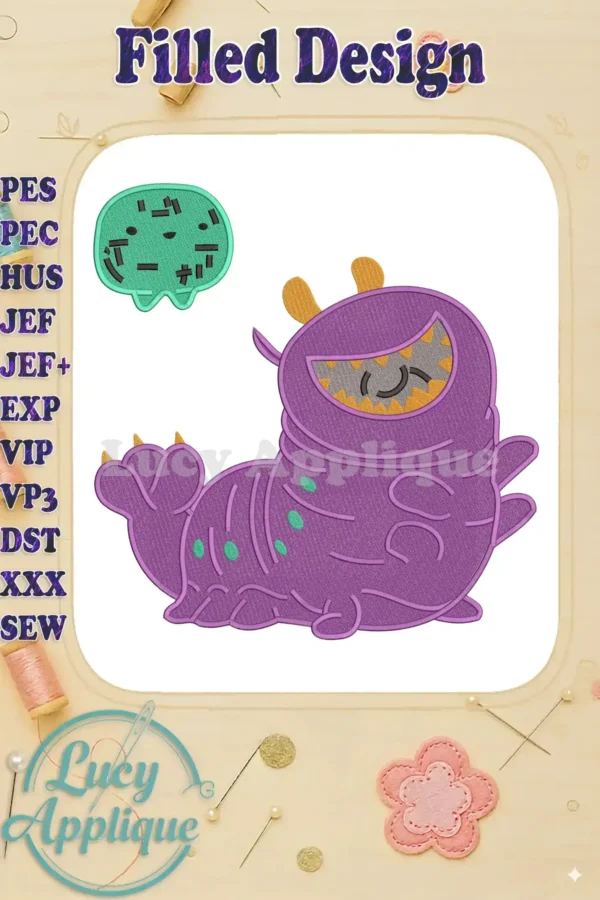 Elio the purple monster fill embroidery design, featuring a toothy grin, orange horns, and green spots.