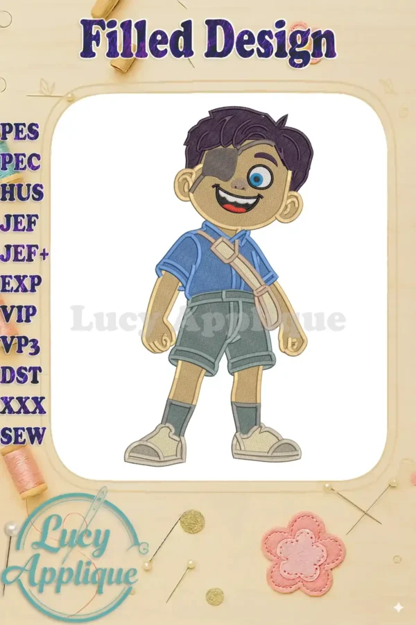 Full-color Elio fill embroidery design of a cheerful boy with an eye patch, blue shirt, and khaki shorts.
