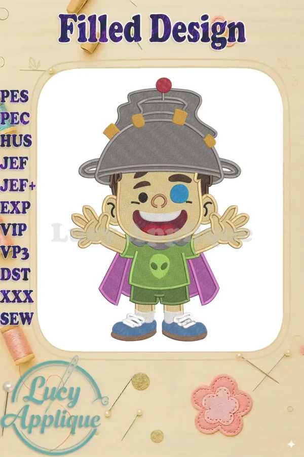 A colorful Elio fill embroidery design featuring the character in a playful alien costume with a helmet and cape.