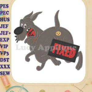 Hilarious 'Fixed' fill embroidery design featuring an angry gray cartoon dog with a prominent humorous patch.